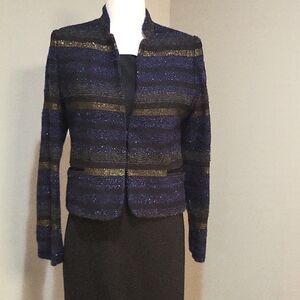 Sandro Paris Black, Gray, Navy and Gold Metallic Tweed Blazer